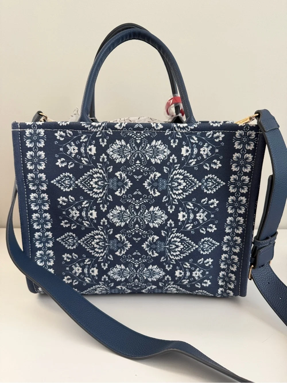 Floral Navy Convertible Satchel with Red Crab Charm